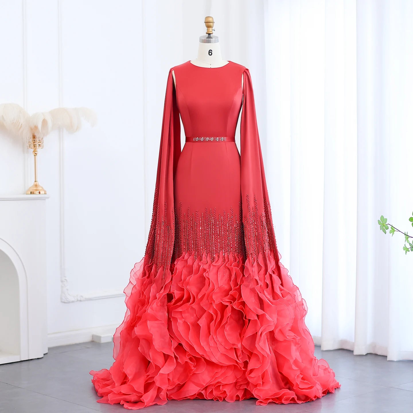 Sharon Said Luxury Dubai Nude Evening Dresses with Cape Sleeves Tiered Ruffles Arabic Women Wedding Party Gowns SS440 Customized