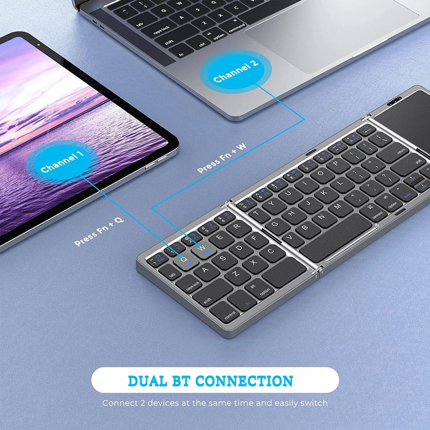 3-Folding Keyboard with Touchpad Dual Bluetooth Keyboard Portable Rechargeable Mini Keyboard for Laptop Windows Android IOS