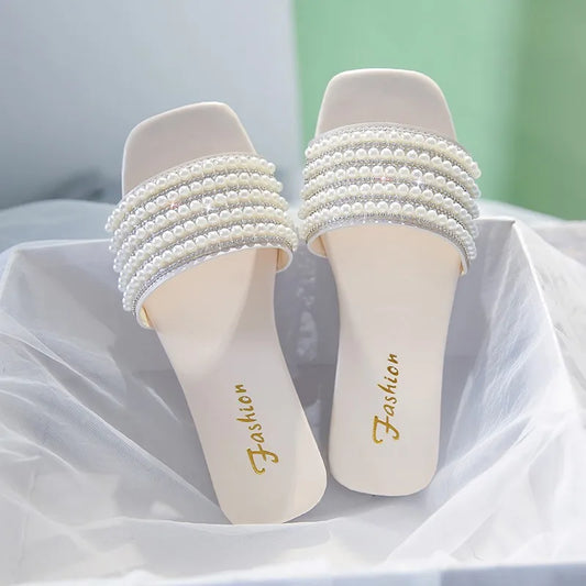 Flat Slippers Female 2025 Summer New Fashion Beach Non-slip Women's Slippers Outdoor Pearl Luxury Brand Designer Shoes Zapatos - Belvar