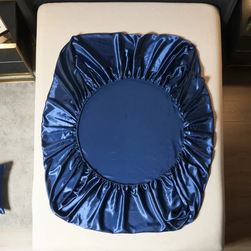 Solid Color Satin Surface Fitted Sheet 1PC Queen Size Bed Sheets 100/120/150/180/200cm Sheet with Elastic Band (No Pillowcase)