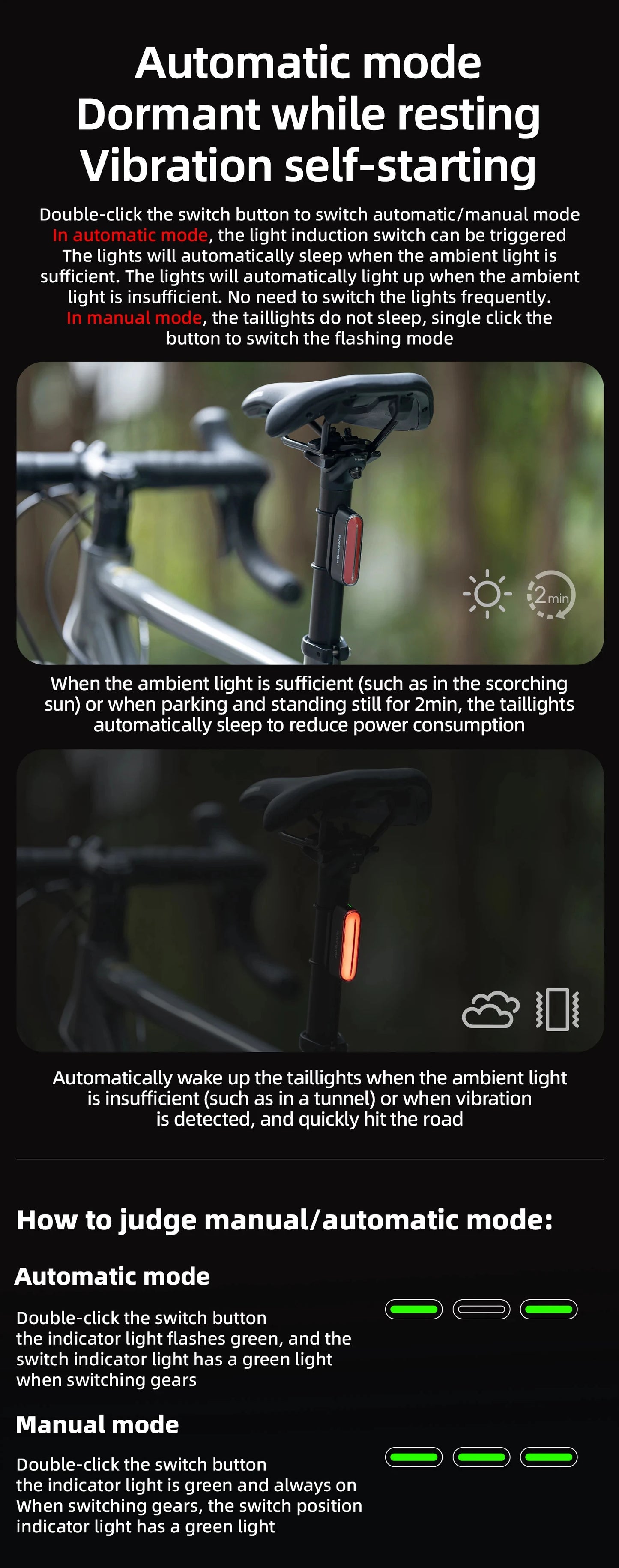 ROCKBROS Bicycle Light Magnetic Smart Tail Light Type-C Charge 7 modes 400mAh LED Lamp Beads Intelligent Brake Sensor Function