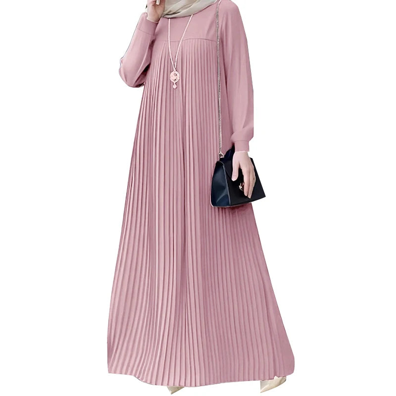 2025 ZANZEA Muslim Abaya Hijab Dress Women Elegant Long Sleeve Pleated Sundress Fashion Casual IsIamic Clothing Dubai Maxi Robe