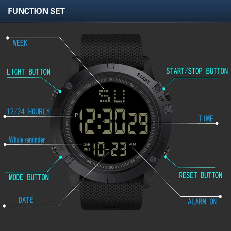 YIKAZE Men's Digital Electronic Watch Sports Glow 55mm Large Dial Student Outdoor Adventure Trend Multifunctional Watches Clock