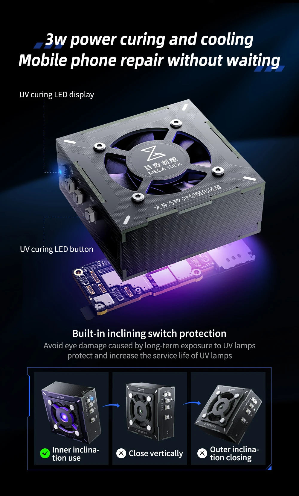 Qianli Mega-Idea Cooling Fans with UV Curing Lamp for Mobile Phone Motherboard Chip Repair 3W Power UV Curing Light Turbo Fan