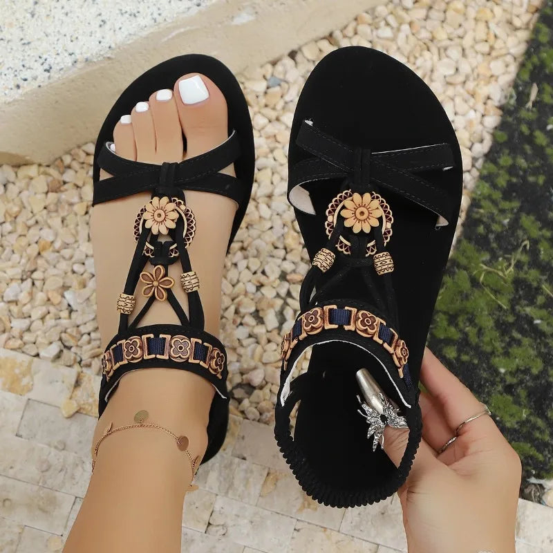 Ladies Shoes 2025 Hot Sale Open Toe Women's Sandals Fashion Floral Daily Summer New Plus Size Light Soft Bottom Flat Sandals - Belvar