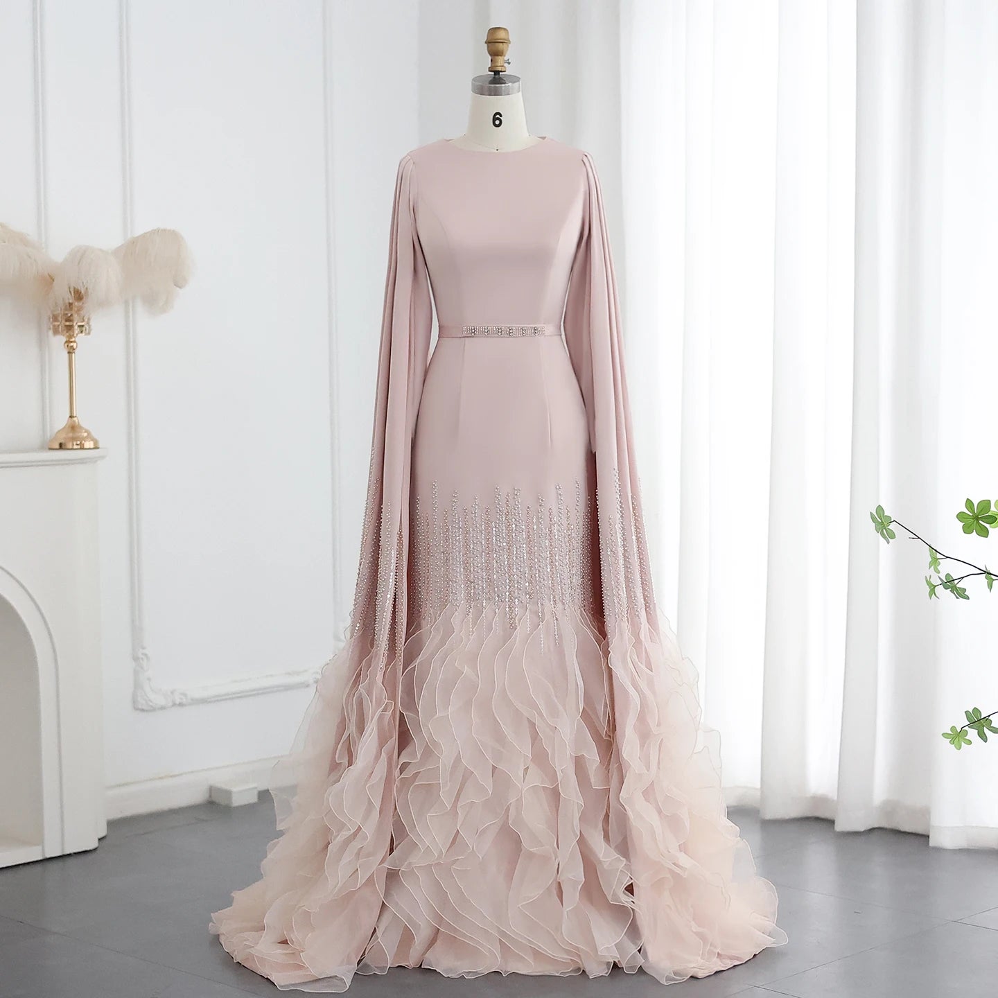 Sharon Said Luxury Dubai Nude Evening Dresses with Cape Sleeves Tiered Ruffles Arabic Women Wedding Party Gowns SS440 Customized