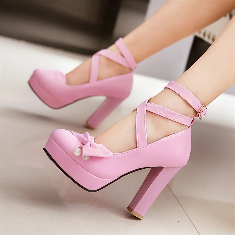 High Heels Women 2025 Trend Chunky Heels Platform Lolita Mary Jane Elegant Party Korean Shoes Dress White The Glossy Fashion - Belvar