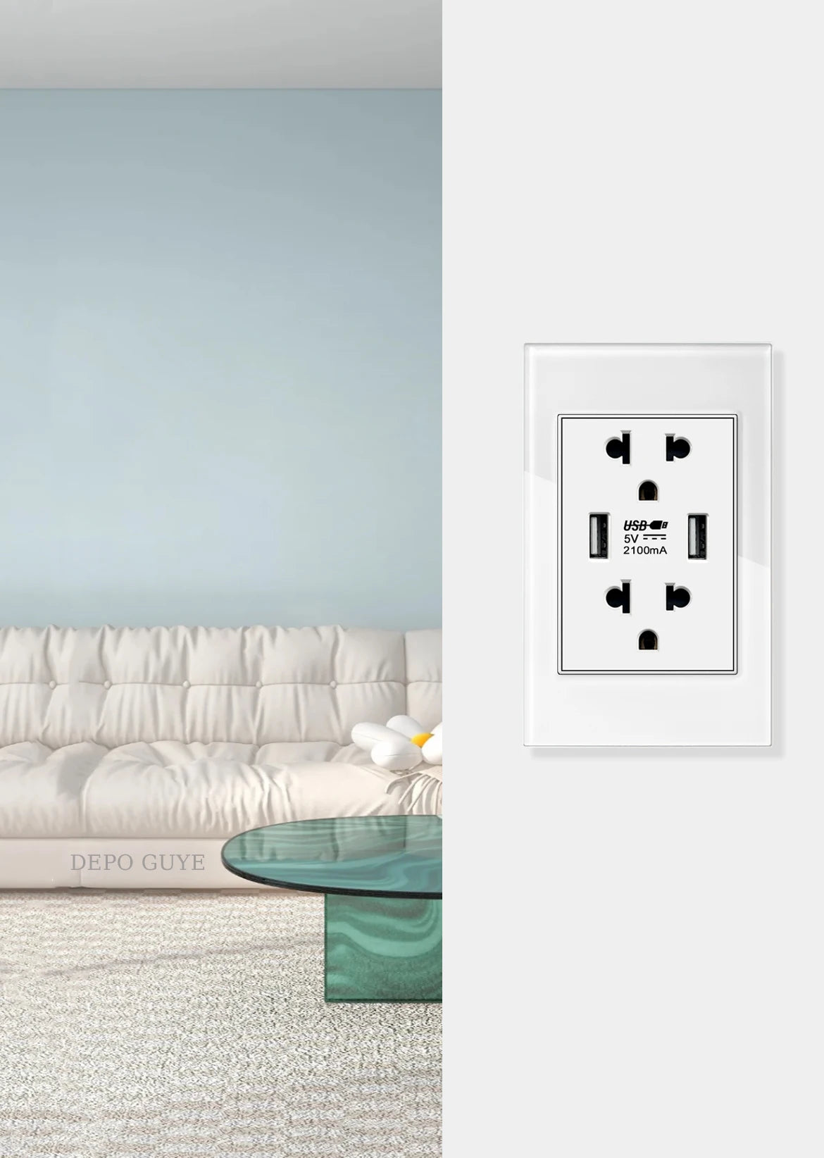 US Wall Switch Power Socket with USB Type-c Quick Charger,American Mexico White Tempered Glass Plug Outlet,Light Switch Panel