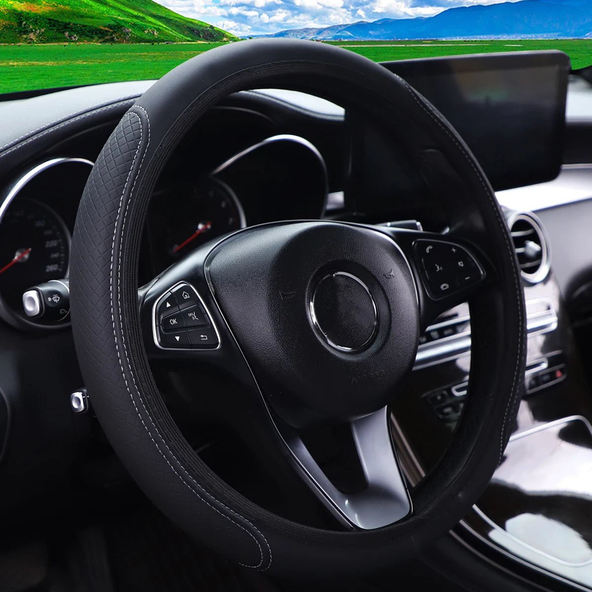 PU Leather Embossed Three-dimensional Car without Inner Ring Steering Wheel Cover for 14.5-15 Inches of Automotive Supplies