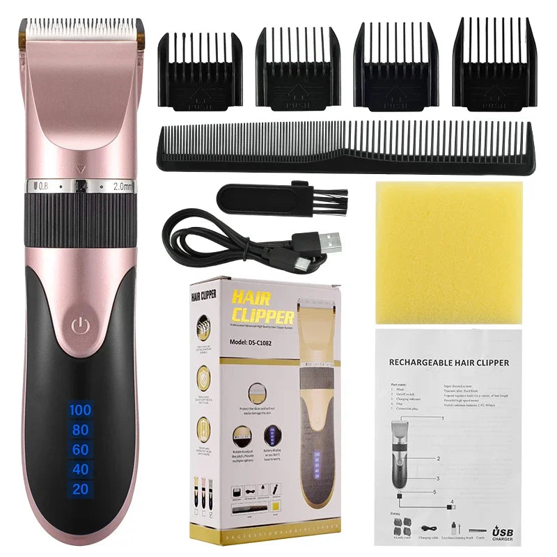 Professional Hair Clipper Men's Barber Beard Trimmer Rechargeable Hair Cutting Machine Ceramic Blade Low Noise Adult Kid Haircut
