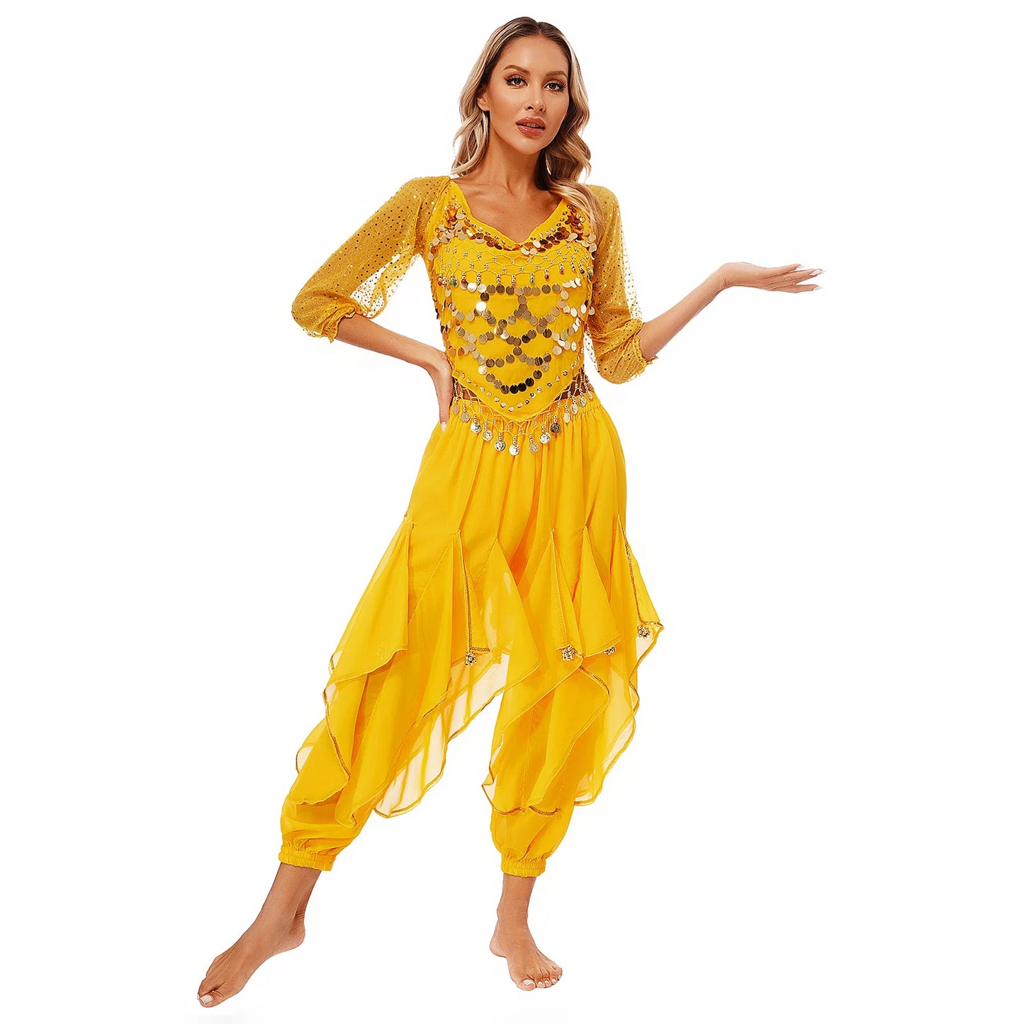 Womens Indian Belly Dance Performance Costume Sequined Long Sleeve Chiffon Tops Self-tie Back Irregular Hem Crop Top with Pants