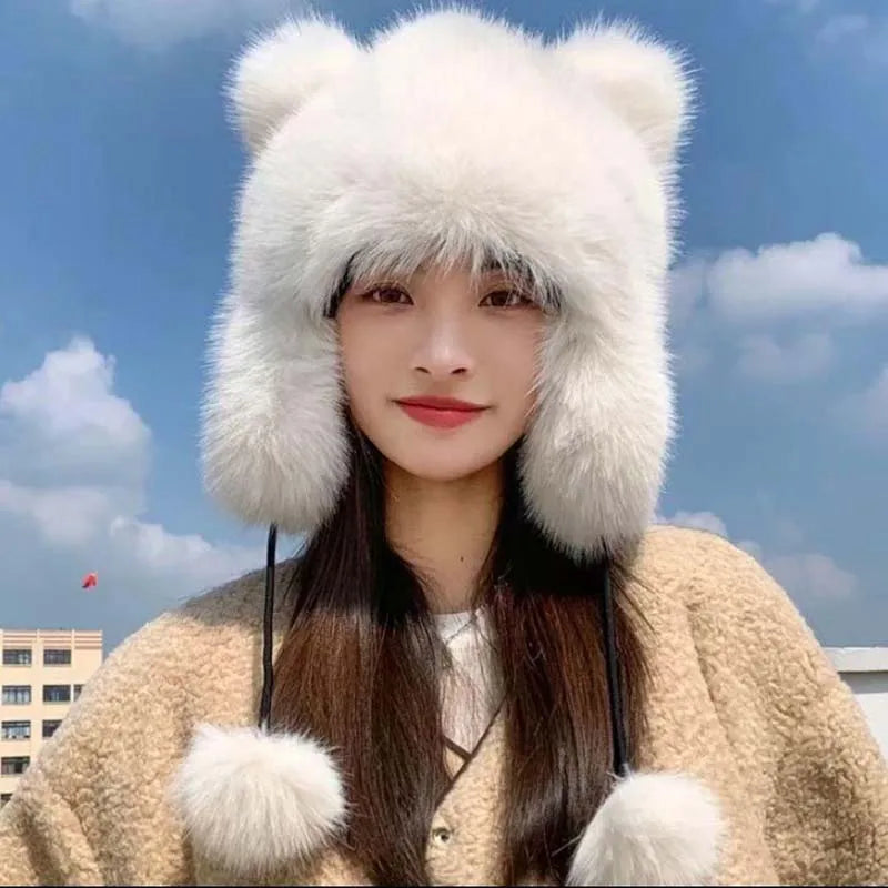 Women Winter Warm Kawaiyi Fox Fur Imitation Mink Plush Hat Thickened Cute Bear Ear plush Lei Feng hat Ear Protection Cosplay Cap