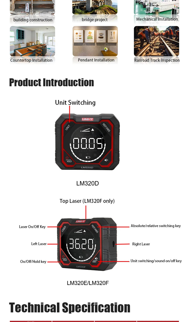 UNI-T LM320D LM320E LM320F Laser Inclinometer Digital Angel Meter with Absolute Relative Angle Measurement Magnetic Inclinometer