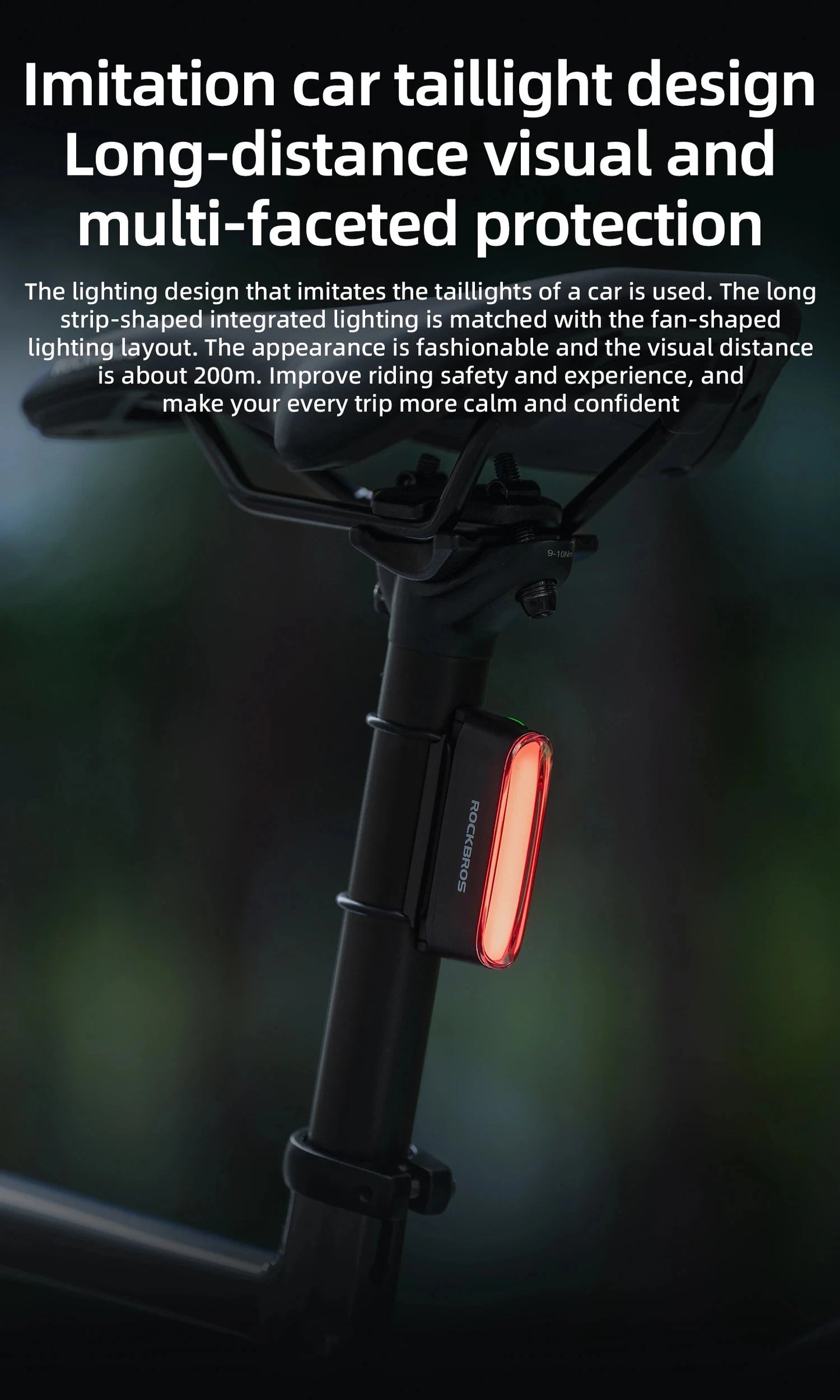 ROCKBROS Bicycle Light Magnetic Smart Tail Light Type-C Charge 7 modes 400mAh LED Lamp Beads Intelligent Brake Sensor Function