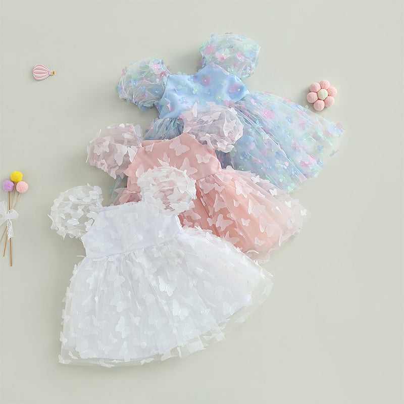 Pudcoco Kids Baby Girl Princess Dress, Puff Sleeve Tulle Dress Flower/Butterfly A-line Dress for Party Stage Show 1-6T