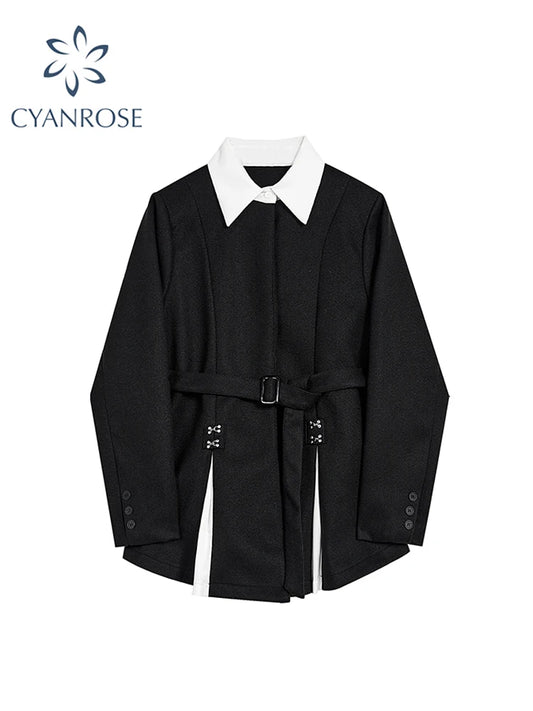 Women Black Gothic Blazer Elegant Vintage 90s Fashion Coat with Belt Y2k Suit Jacket Harajuku Long Sleeve Outwear 2000s Clothes