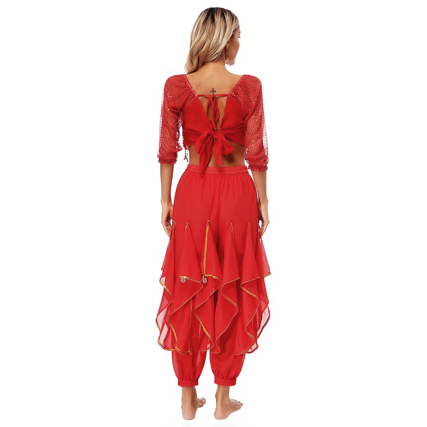 Womens Indian Belly Dance Performance Costume Sequined Long Sleeve Chiffon Tops Self-tie Back Irregular Hem Crop Top with Pants