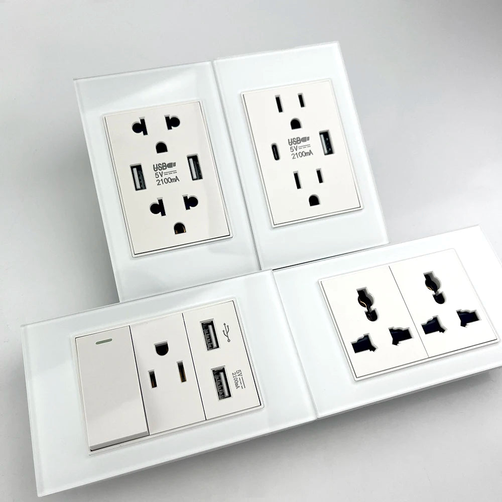 US Wall Switch Power Socket with USB Type-c Quick Charger,American Mexico White Tempered Glass Plug Outlet,Light Switch Panel