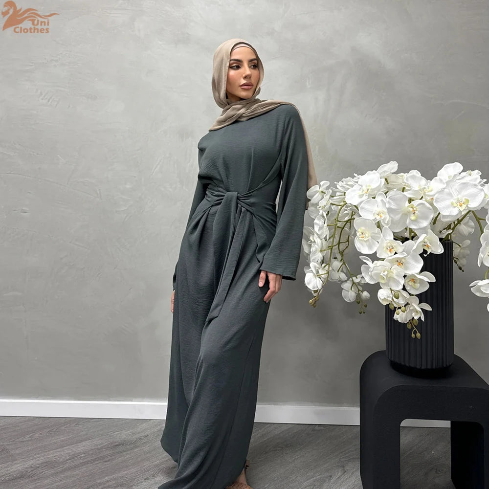 Uni Elegant Ramadan Muslim Modest Dress For Women Eid Arabic Turkey Kaftan Dresses femme Plain Abaya Dubai Islamic Clothing