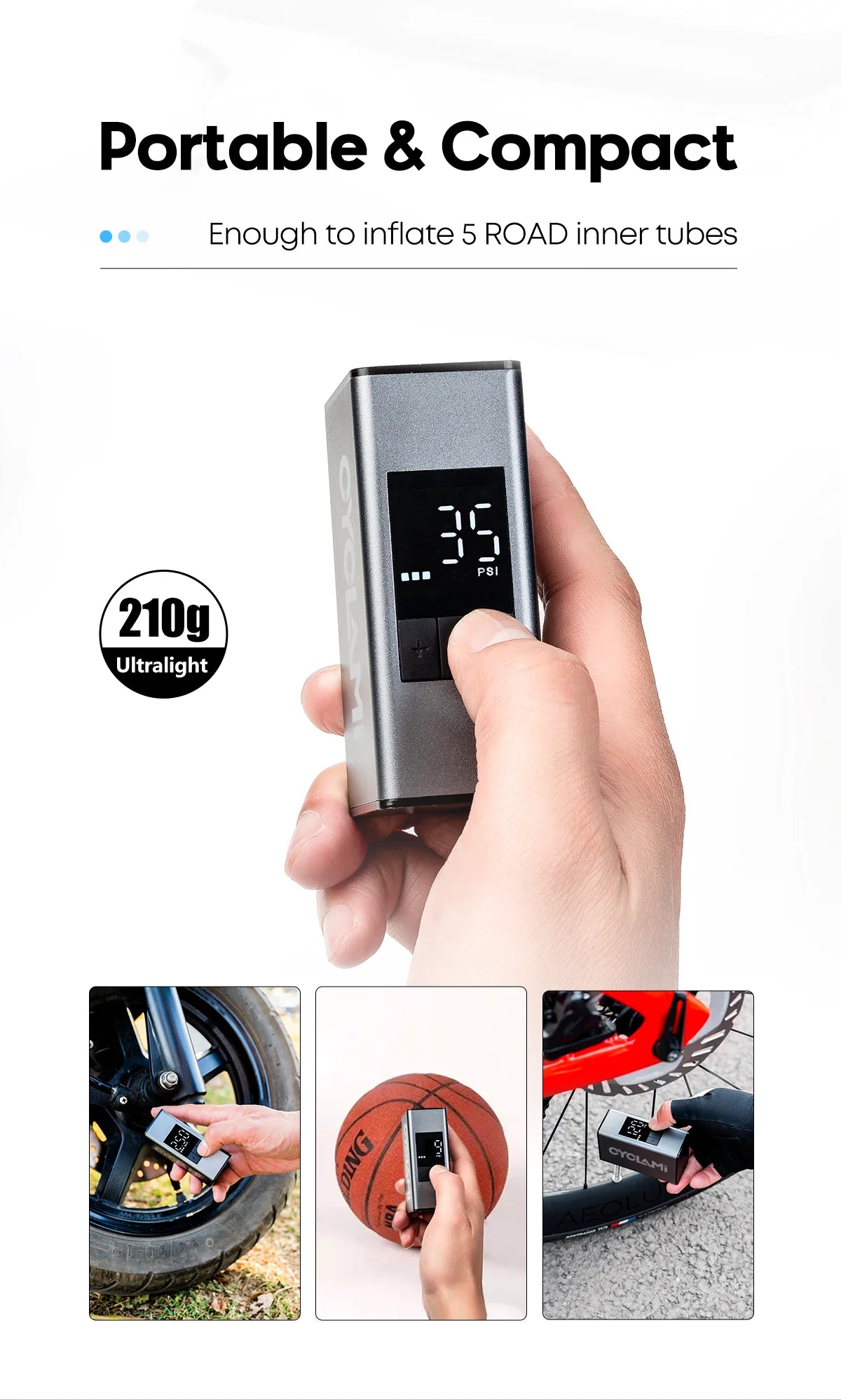 150 PSI Portable Pocket Bike Electric Air Pump Rechargeable Compressor Tire Inflator Digital Gauge Display Tire Pressure Gauge