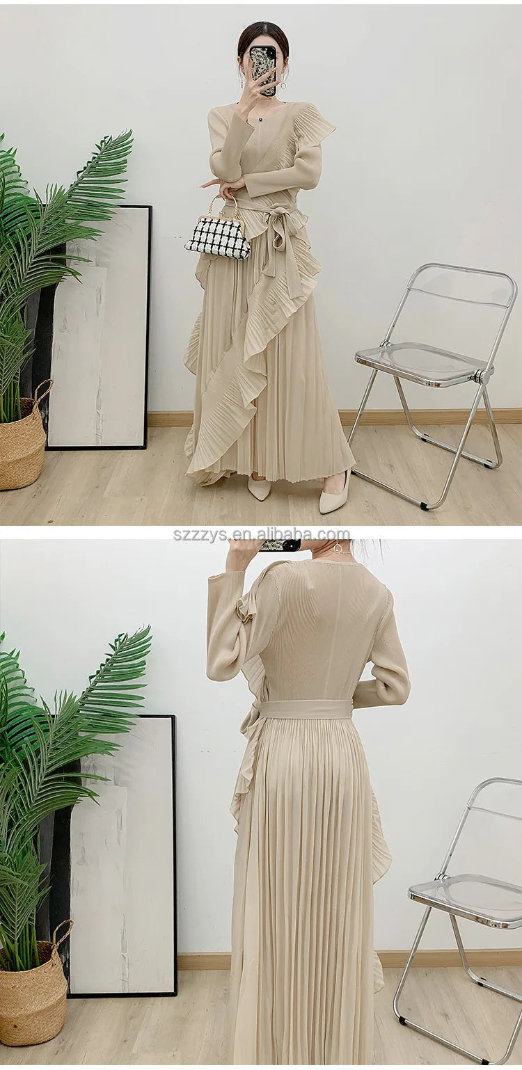 2025 New Dresses Cascading Ruffle Dresses Women Lady Elegant Vintage Pleated Design Ruched Dresses Women Casual
