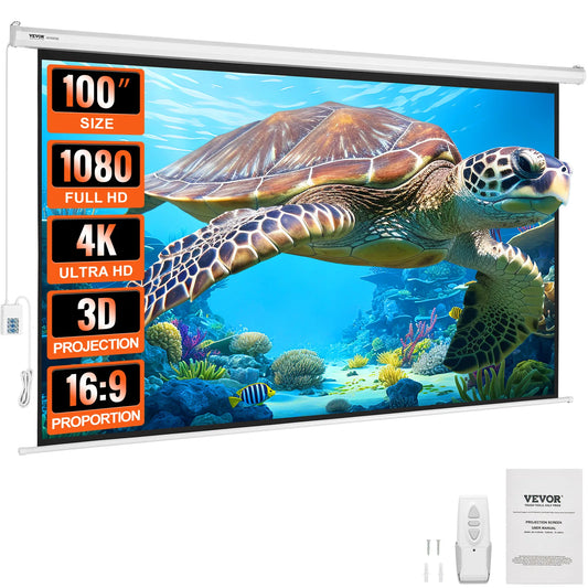 SucceBuy Electric Motorized Projector Screen 100in16:9 4K 1080 HD Wall Mount Movie Screen for Family Home Office Movie Theater