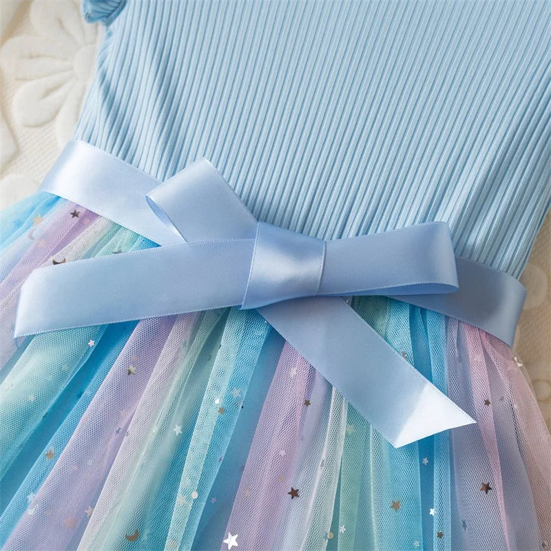 Toddler Girls Princess Dress Children Rainbow Sleeveless Tulle Dress Summer New Baby Birthday Party Vestido Sweet Casual Clothes