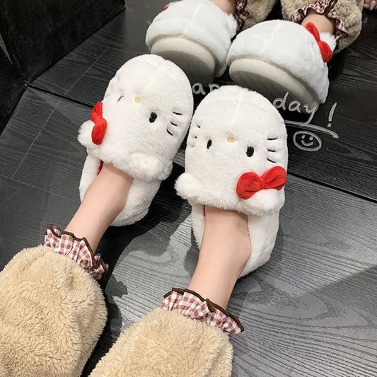 Fashion Sanrio Hello Kitty Plush Slipper Cartoon Kt Cat Warm Winter Indoor Slippers Flat Casual Non-Slip Girls Home Shoes Gift ﻿ - Belvar