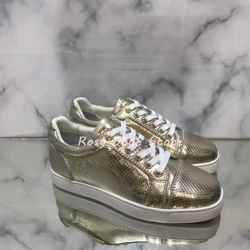 Silver Gold Glossy Textured Men's Women's Sneakers Cute Round Toe Fashion Lace Up Flat Casual Daily Couple Shoes Training Shoes