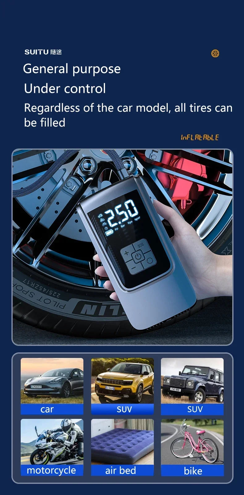 Wireless Car Air Pump Portable Air Compressor Electric Tire Inflator with LCD Digital Display for Car Motorcycles Bicycle Ball