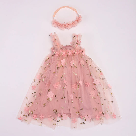 Toddler Baby Girls Tutu Dress Sleeveless Embroidery Floral Print Tulle Dress Little Girl Princess Dresses with Flower Headband