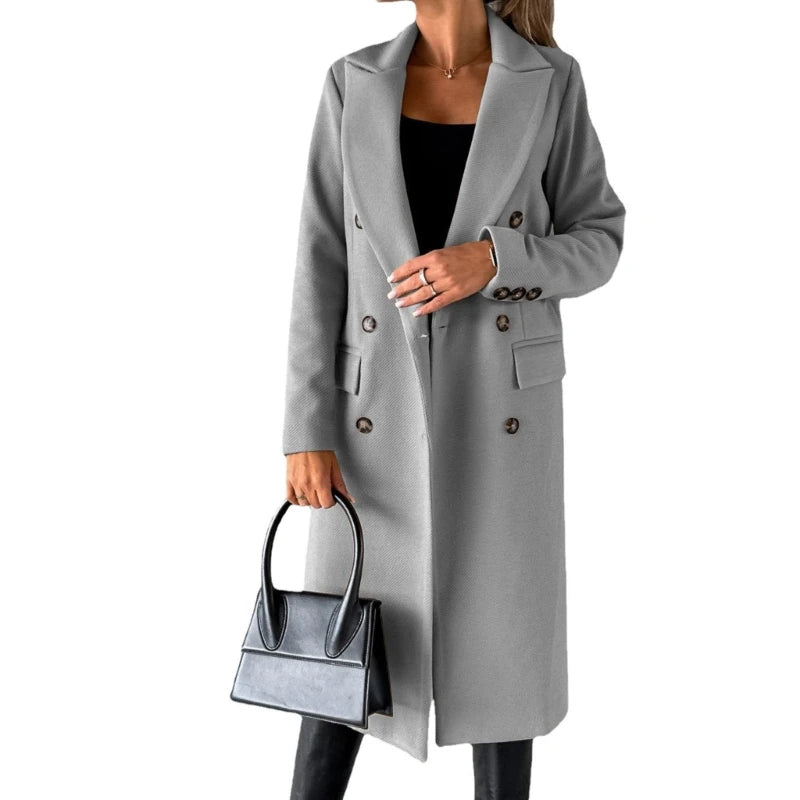 Women Wool Blend Overcoat Jackets Long Sleeve Double Breasted Jackets Coat with Pocket Warm Winter Trench Coat Outerwear