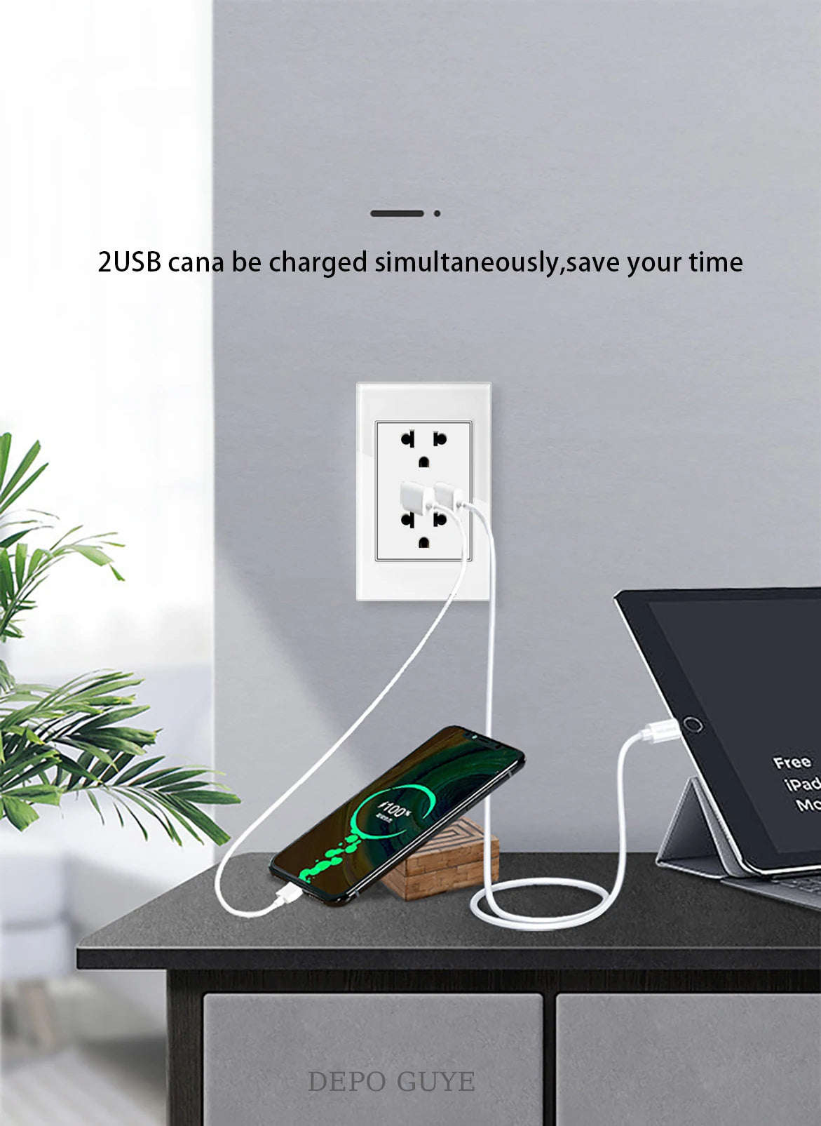 US Wall Switch Power Socket with USB Type-c Quick Charger,American Mexico White Tempered Glass Plug Outlet,Light Switch Panel