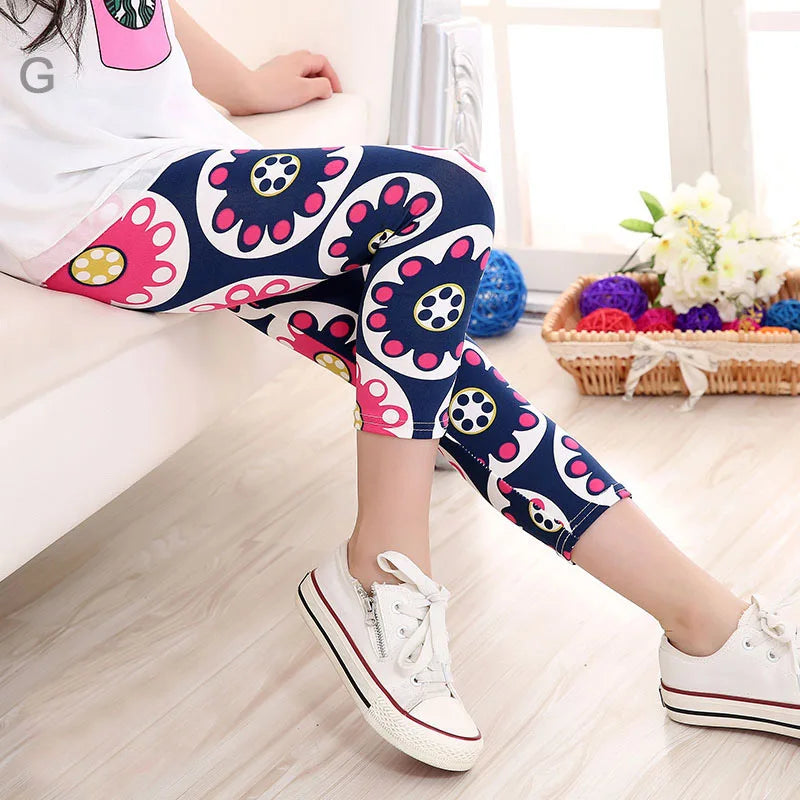 3-10years Girls Cropped Trousers Floral Print Flower Kids Calf Length Skinny Pants Stretch Leggings Children All-matches Bottoms