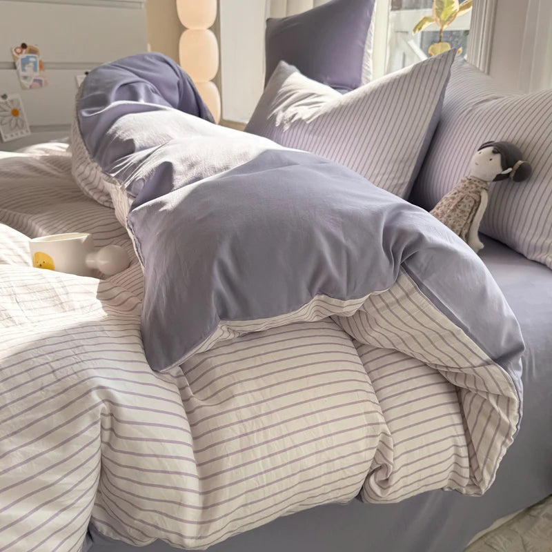 Washed Cotton Duvet Cover Set Quilt Set Ins Nordic Minimalist Style Grey Strip Bed Set Home Textile Bedding Set Bed Sheets 2025