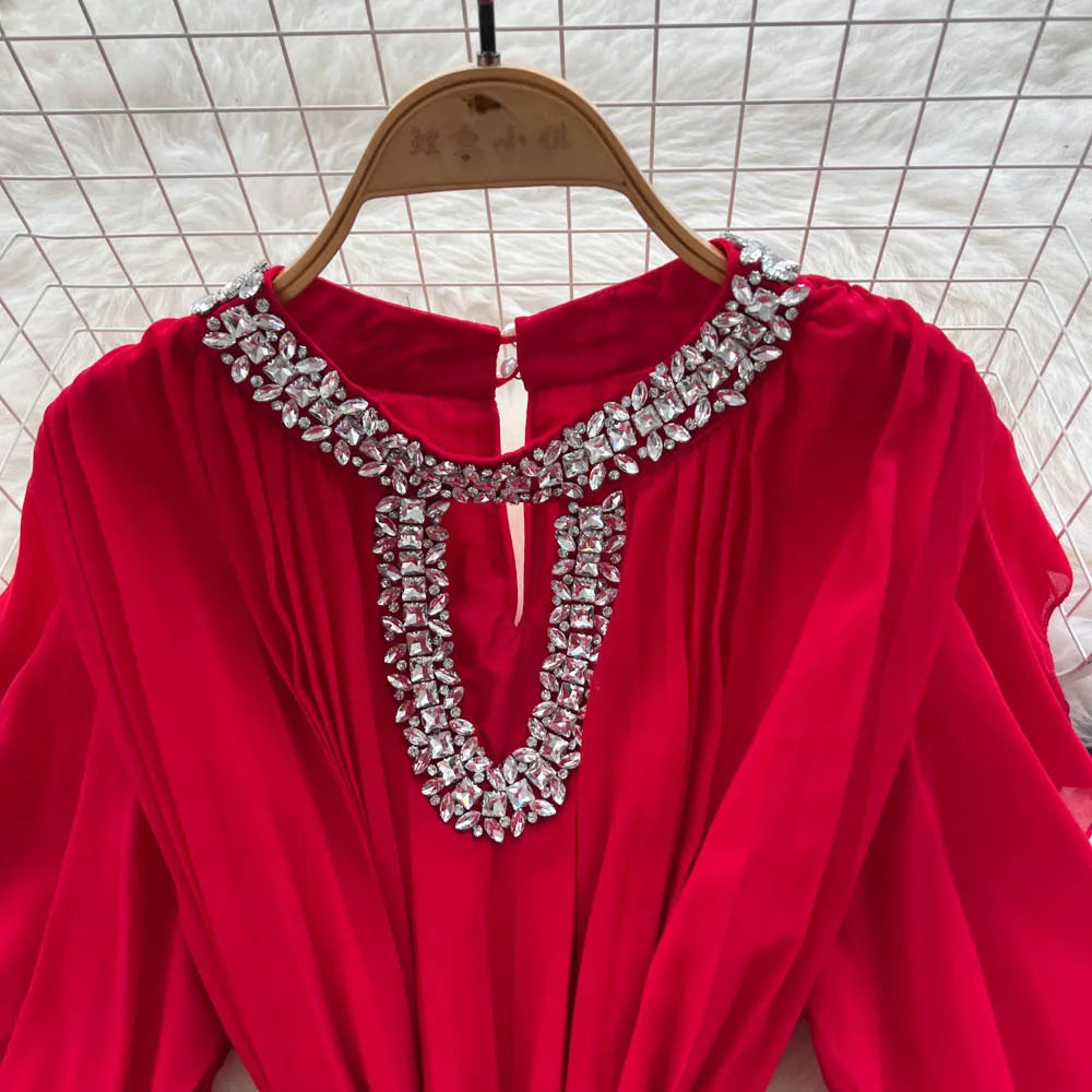 Women Dress Long Dresses Gown Party Night A Line Vestidos Round Neck Ruffles Sleeve Elegant Splice Y2k Streetwear Slim Fit