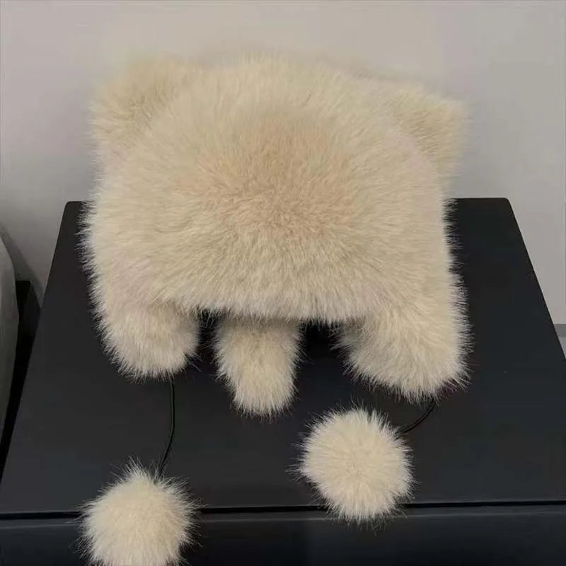 Women Winter Warm Kawaiyi Fox Fur Imitation Mink Plush Hat Thickened Cute Bear Ear plush Lei Feng hat Ear Protection Cosplay Cap