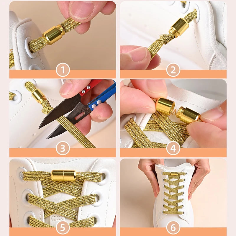 1Pair No Tie Shoe Laces Colorful Buckle Golden Shoelaces Pearl Light Colorful Fashion Without Ties Elastic Laces ﻿
