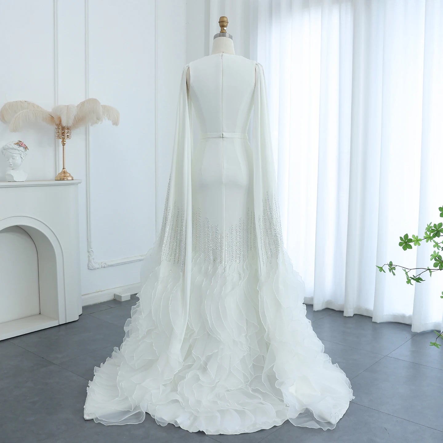 Sharon Said Luxury Dubai Nude Evening Dresses with Cape Sleeves Tiered Ruffles Arabic Women Wedding Party Gowns SS440 Customized
