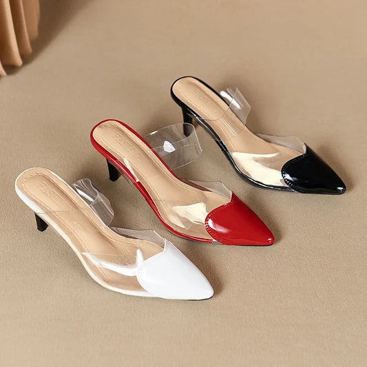 Pointed Toe Slippers,2024 High Heeled Summer Shoes,Transparent PVC Slides,Outside Wearing,Slip On,Black,White,Red,35-40,Dropship