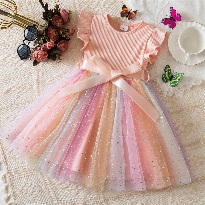 Toddler Girls Princess Dress Children Rainbow Sleeveless Tulle Dress Summer New Baby Birthday Party Vestido Sweet Casual Clothes