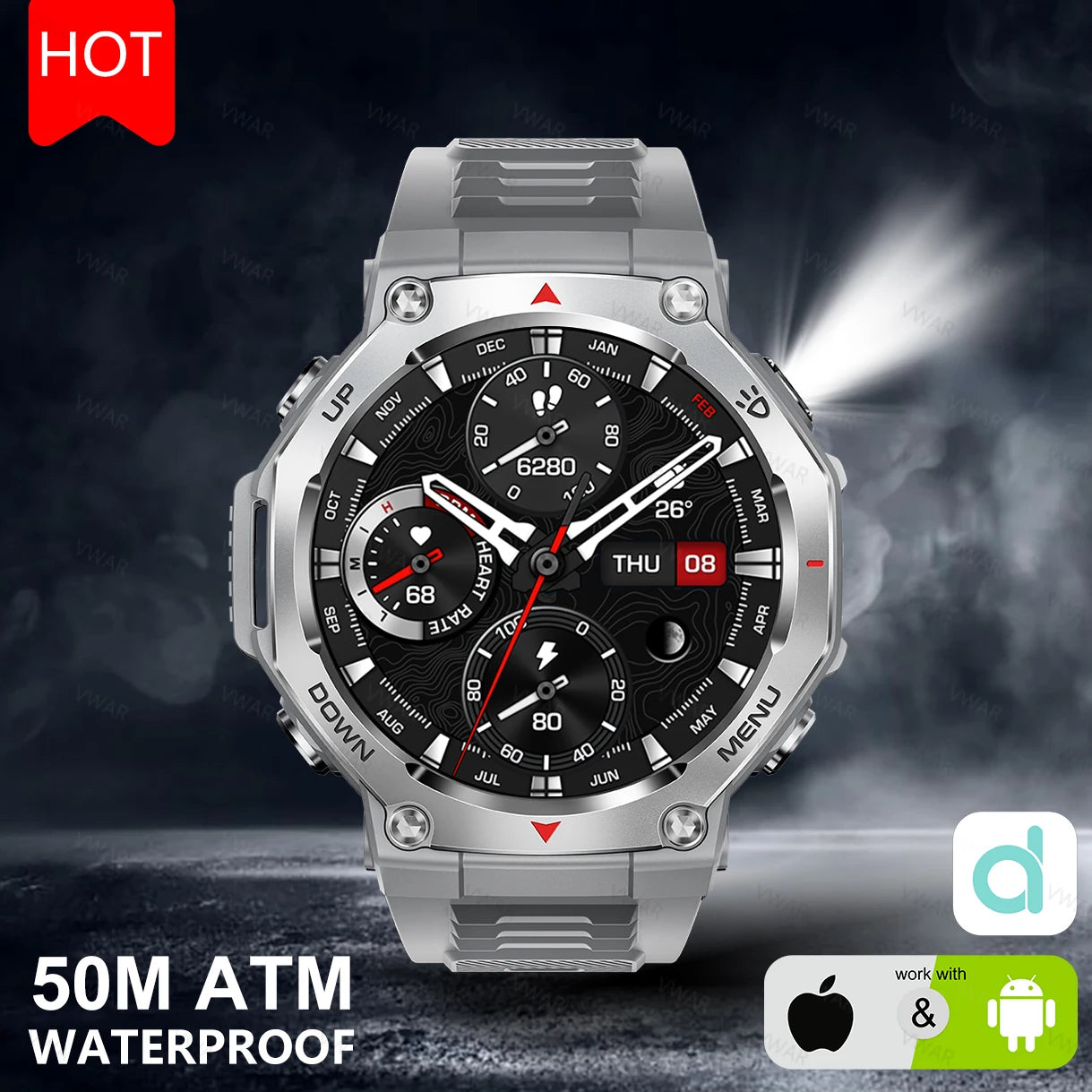 2025 New Military Smart Watch Flashlight/UV Light 5ATM Waterproof Sport Fitness Smartwatch Men Bluetooth Call for Xiaomi IOS