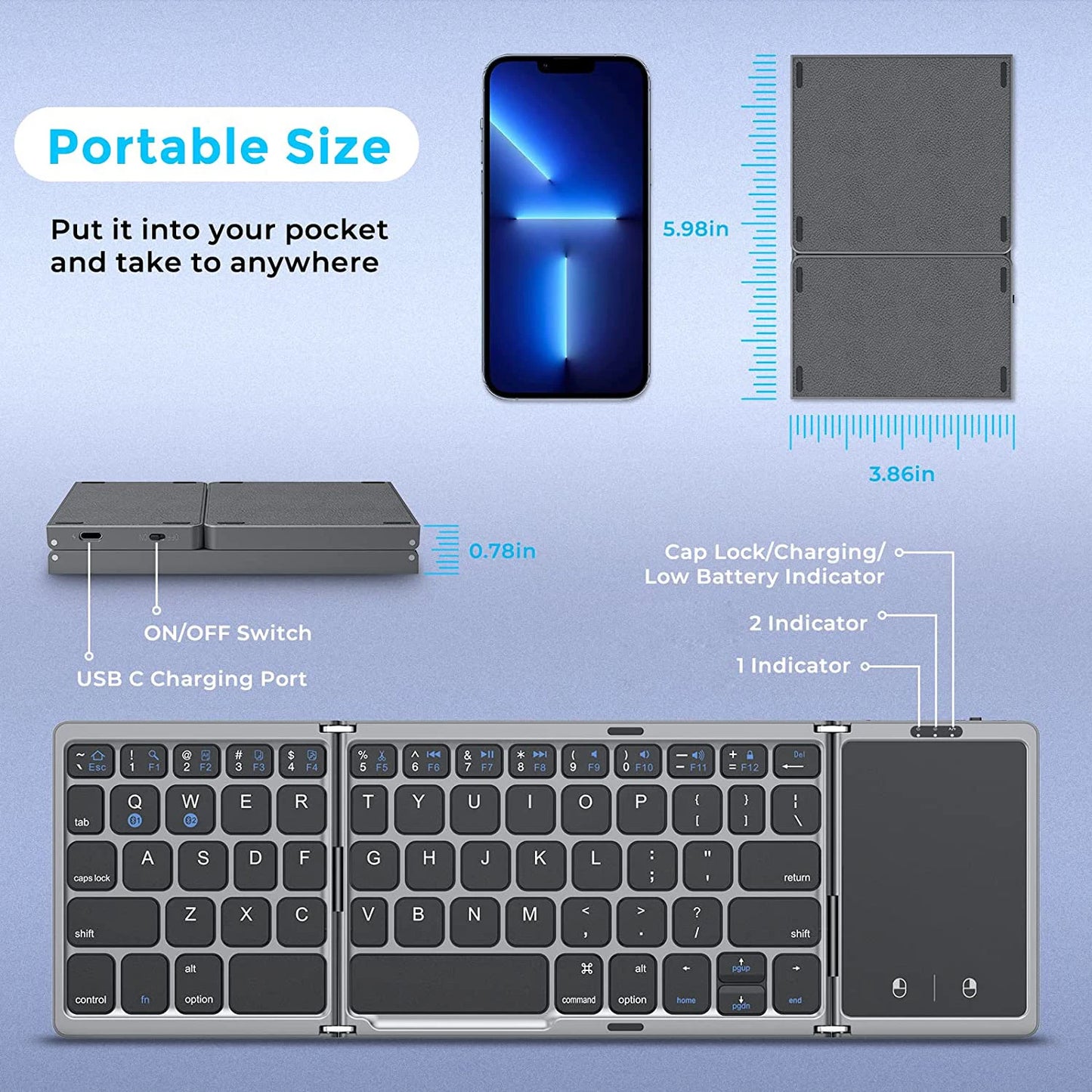 3-Folding Keyboard with Touchpad Dual Bluetooth Keyboard Portable Rechargeable Mini Keyboard for Laptop Windows Android IOS