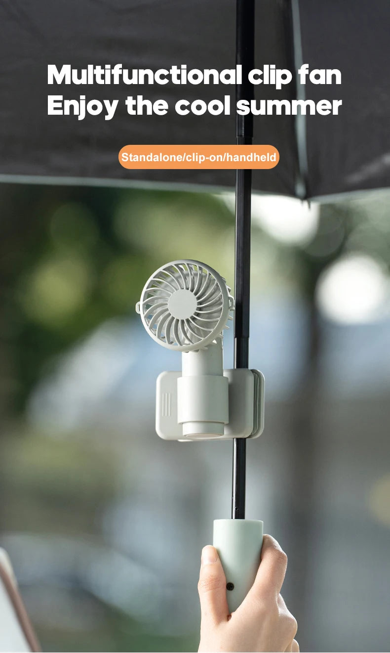 Portable Multifunctional Mini Clip Fan USB Rechargeable 1000mAh 3 Wind Speeds Adjustable Silent Handheld Fan for Travel Umbrella