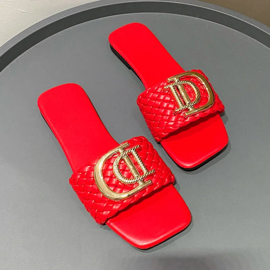 Women Slippers Party Sexy Elegant Slippers Women Luxury Decor Weave Designer Flat Sandals Fashion Open-toe Vacation Slides Women - Belvar