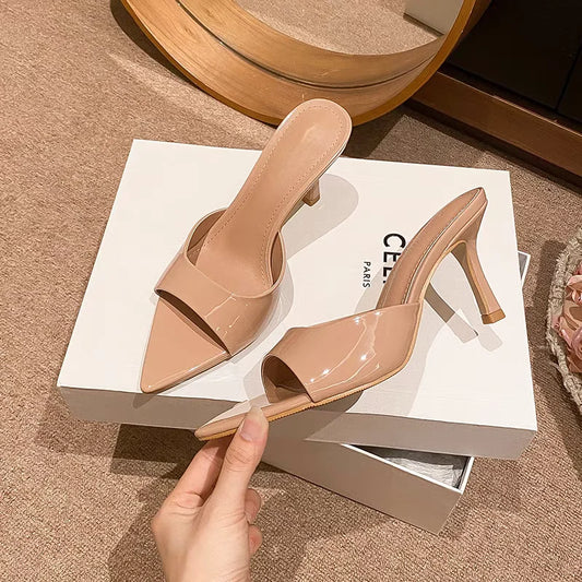2025 New Slippers Casual Slides Square Toe Low Women Heels Luxury Summer High Thin Soft PU Fashion Concise Fabric Rubber Plastic - Belvar