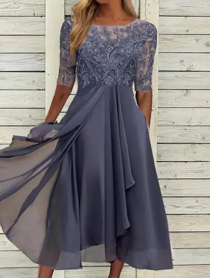 Womens Dresses Romantic Simple Dress With Chiffon Patchwork Lace Hollow Out Long Dress Bridesmaid Evening Dress Women's Wear