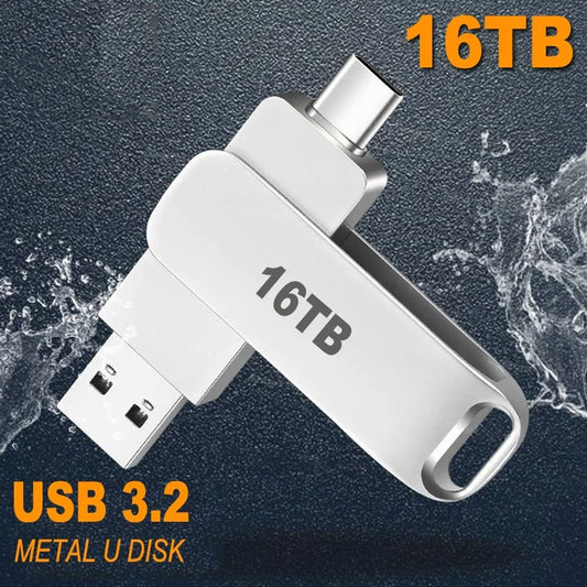 16TB Flash Drive USB 3.2 Super High Speed Transfer Metal Mini U Disk Pen Drive Type C Memory Waterproof Disk SSD U Drive