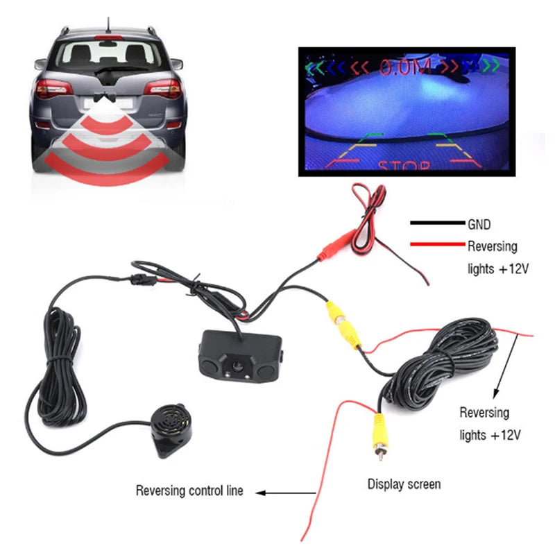 3 in 1 Car Parking Sensor Car Reverse Backup Rear View Camera with 2 Radar Detector Sensors Indicator Buzzer Alarm Car Camera