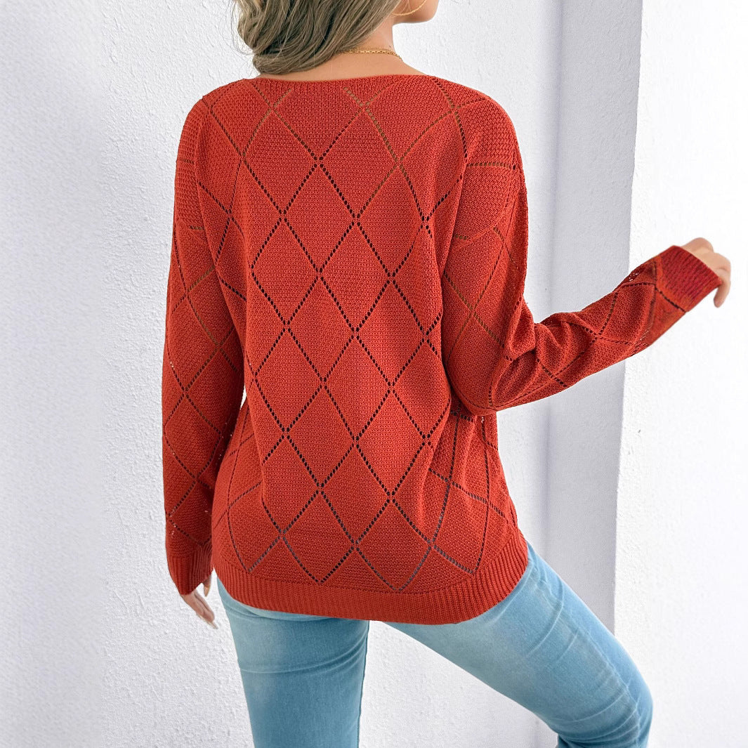 Solid Color And V-neck Sexy Cutout Plaid Long-sleeved Sweater Sweater